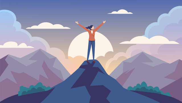 A person standing on top of a mountain arms outstretched feeling empowered and confident in their personal and professional goals after working with a life coach.. Vector illustration