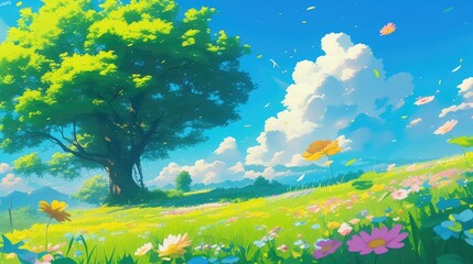 2d illustration of a vibrant summer scene with lush greenery a beautiful tree and colorful flowers under a sunny sky