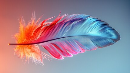 Obraz premium A colorful bird feather gracefully floats through the air a soft gradient background. Aesthetic design. Generative AI