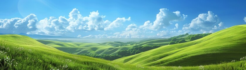 Obraz premium Sunny Hills with Lush Green Fields and Blue Sky