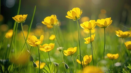 Obraz premium Yellow buttercup flowers bloom during spring representing the beauty of the natural world and symbolizing concepts of spring youth and growth