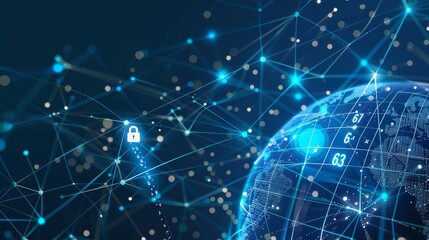 Obraz premium A background with digital waves and icons representing the global network of cyber security, with a dark blue color theme, contains the white numbers 