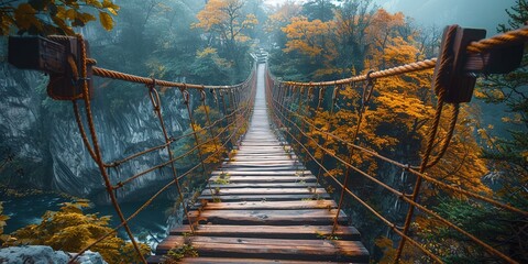 A pedestrian suspension bridge in the mountains, which opens up amazing aesthetic landscapes of nature. Generative AI