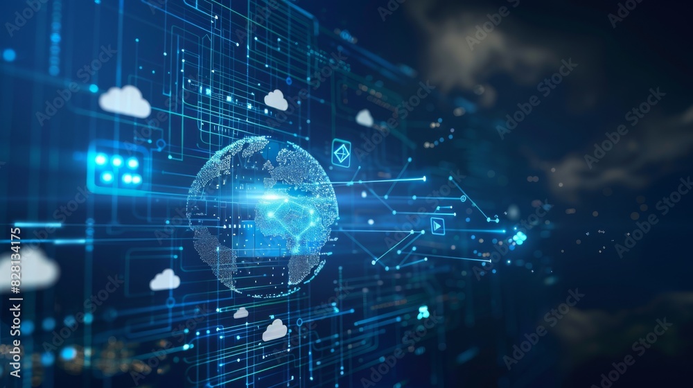 Wall mural Digital background featuring an earth globe with cloud icons and code lines, representing global networks in technology for video zoom settings. The dark blue color scheme adds depth to the scene. 