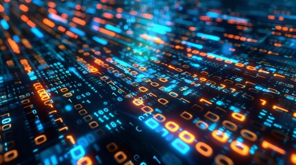 Fototapeta premium Digital data background with binary code and computer screen. Abstract technology wallpaper, glowing digital information on a dark blue background. Digital data concept. High resolution, wide angle le