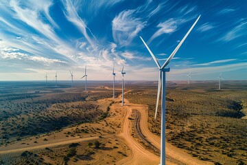 Aerial view of wind turbines generating electricity in the desert - Powered by Adobe