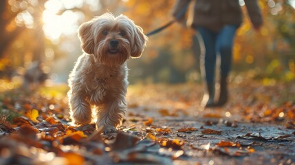 An owner walking with their dog in a park, enjoying a bright summer day. Adorable pet and human bond on a fun outdoor adventure.