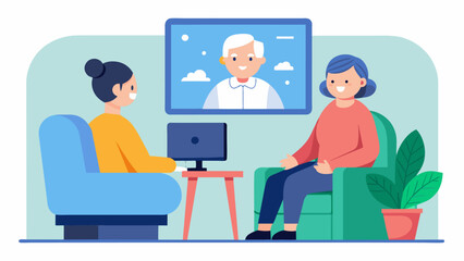 An elderly patient using a telehealth service to receive mental health counselling from a licensed the.. Vector illustration