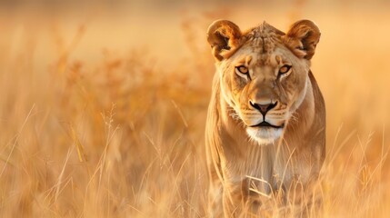 A majestic lioness stalking through the grasslands, her golden coat blending seamlessly with the...
