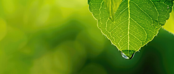 Close-up macro water droplets hanging on edge of leaf with dew on soft green bokeh background