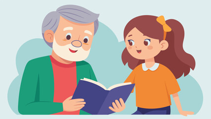 The intergenerational exchange is evident as an elderly man and a young girl bond over their mutual love for a particular story discussing characters and plot points with equal. Vector illustration