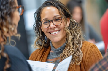 Business conference networking session. A woman smiles at a conference. 