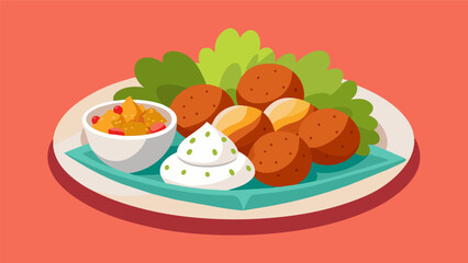 Embrace the flavors of the world with this street foodinspired platter featuring crunchy falafel balls creamy tzatziki sauce and y harissa chicken.. Vector illustration