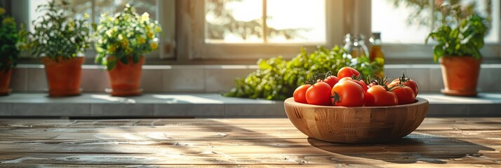 A round wood tabletop stand out in a bright kitchen ambiance, ready for gastronomic adventures and stylish presentations.
