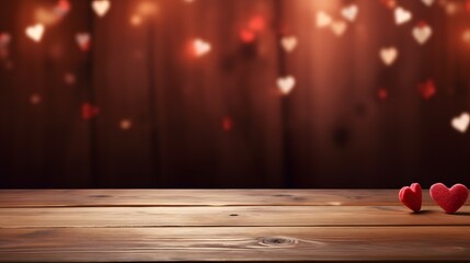 Empty wooden table for product display. Blurred red and pink hearts in the background. Generative AI