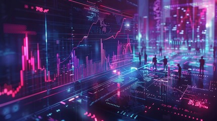 Fototapeta premium Digital Currency Exchange: people trading cryptocurrencies, sophisticated computer systems, and charts showing market trends. Highlight the innovation and volatility of the cryptocurrency market.