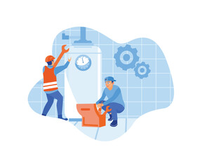 The plumber repairs the broken water heater. Home maintenance services. Home repair concept. Flat vector illustration.