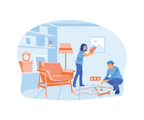 A woman is putting up a painting on the wall while a man repairs an electrical installation. Home repair concept. Flat vector illustration.