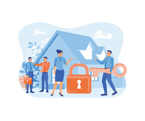 Two businessmen shake hands. The agent gives the house keys to the client. Real estate business concept. Flat vector illustration.