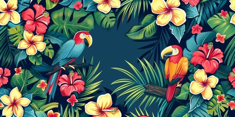 A colorful tropical scene with two parrots and a lot of flowers