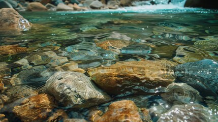 Obraz premium High in the mountains, a river of crystal-clear water bubbles over large stones, fed by melting glacier ice.