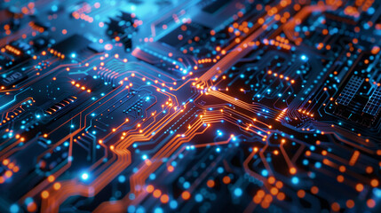 Obraz premium A computer chip with orange and blue lights