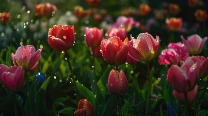 Tulips in the sunshine with raindrops in a spring garden