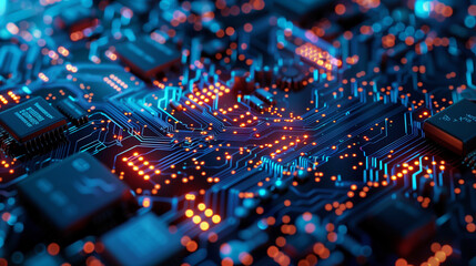 Obraz premium A computer chip with many small lights on it. The lights are orange and blue