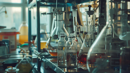 Naklejka premium A lab with many glass beakers and bottles of various liquids. Scene is scientific and focused