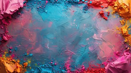 An artistic close-up of a vibrant splash of paint in shades of blue, pink, and green, set against a monochrome background.