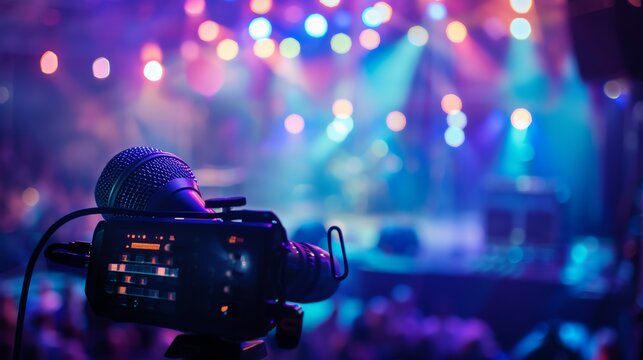 Concert stage close up, focus on, copy space         Double exposure silhouette with stage