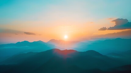 Sunset behind mountains close up, focus on, copy space         Double exposure silhouette with mountains