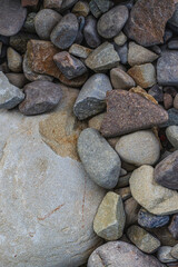Top view of round river pebbles stones floor