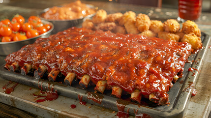 Mouthwatering Pork Ribs Feast: Ribs, Tater Tots, and Pickled Tomatoes