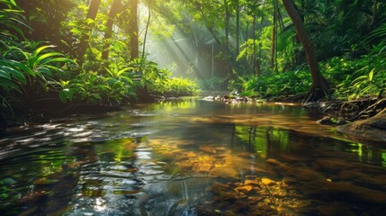 Obraz premium clear stream flows through the lush green forest. There is light sunlight. Shining through the leaves and touching the surface of the water morning light
