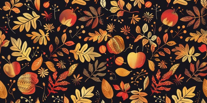 Colorful autumnal landscape adorned with pumpkins, apples, and falling leaves. Fall harvest concept