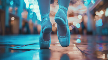 Close-up view of dancing legs feet of ballerina girl wearing white pointed shoes in ballroom - Powered by Adobe