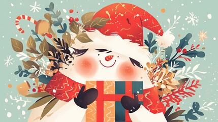 A festive Christmas character adorned with gifts graces this charming card design