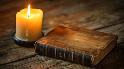 Old Holy Bible and Candle on Wooden Table