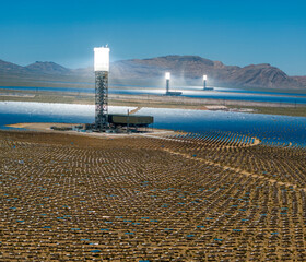 Aerial view of Ivanpah concentrated solar thermal plant in the Mojave Desert