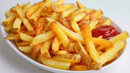 French fries potatoes with ketchup on a dish isolated on white background. Generative Ai