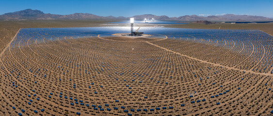 Aerial view of Ivanpah concentrated solar thermal plant in the Mojave Desert