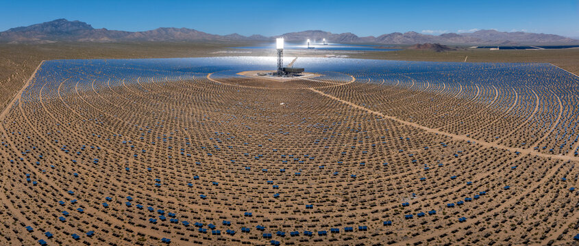 Aerial view of Ivanpah concentrated solar thermal plant in the Mojave Desert