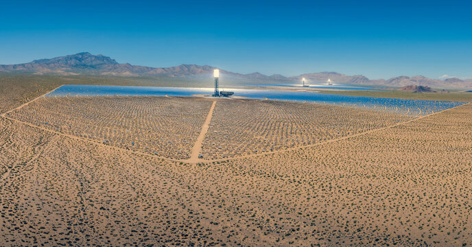 Aerial view of Ivanpah concentrated solar thermal plant in the Mojave Desert