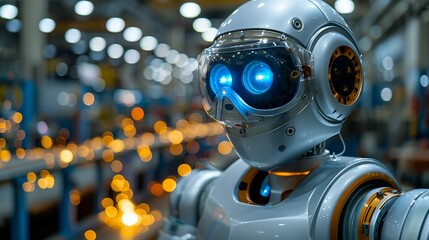Fototapeta premium The robot's body is encased in a blue industrial coverall made from fire-resistant material, complete with reflective strips to enhance visibility among human workers. safety first for Industrial