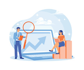 Businessman analyzing graphs on the laptop. Plan marketing strategies to achieve business goals. Digital Marketing concept. Flat vector illustration.