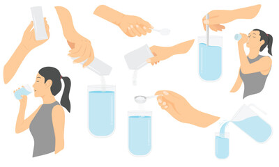 How to make supplement drink. Hand hold sachet and white spoon, pouring powder in glass, woman ready to drink. collection flat vector illustration 