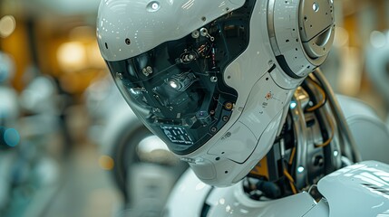 A detailed shot shows the robotâ€™s face, with an expressionless yet focused appearance, its synthetic skin and sensors highlighting the blend of human-like and mechanical elements. safety first for
