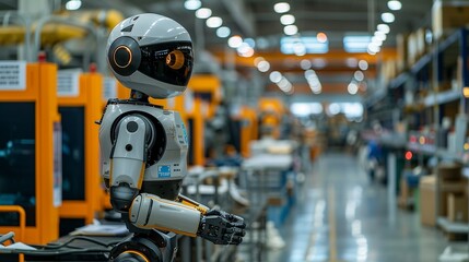 Fototapeta premium The factory walls are adorned with safety posters and operational guidelines, reinforcing the importance of safety culture in which the humanoid robot operates. safety first for Industrial works
