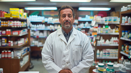 Pharmacy Counter - A pharmacy with a pharmacist at the counter